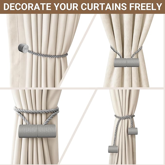 Hion Magnetic Curtain Tiebacks Grey 4 Pack, Curtain Tiebacks Buckles Holdbacks Holders Hooks Clip for Home Bedroom Office Decorative Thick or Thin Curtain