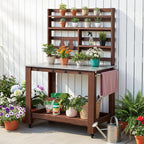 VEVOR Potting Bench Table, Outdoor Gardening Workstation with 45 x 26 in Stainless Steel Tabletop, Storage Shelves, 4 Casters, Hooks, Garden Planting Work Station for Outside Patio, Backyard, Brown