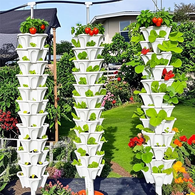 Strawberry Planters, 7 Tiered Vertical Stackable Planter, Herb Stacking Tower Garden, Flower Vegetable Planters with Support Pole, Indoor & Outdoor with Removable Wheels - White