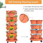 VECELO 7 Tier Vertical Garden Planter, Self Watering Stackable Planters with Wheels for Strawberries, Herbs, Flowers, Vegetables, Red