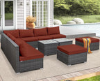 NICESOUL 11 Piece L Shape Patio Furniture Set, 29.3'' High Back Comfy Rattan Outdoor Conversations, Big Size Deep Seated Contemporary Sectionals for Backyard Deck Porch, 2 Color Cushion Red & Gray
