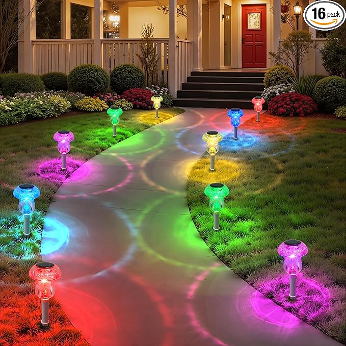 Solar Lights Outdoor, 16 Pack Mushroom Lights Outside Waterproof, Solar Powered LED Lighting for Garden, Yard, Landscape, Path, Pathway, Lawn, Walkway, Driveway, Backyard Decor (Color Changing)