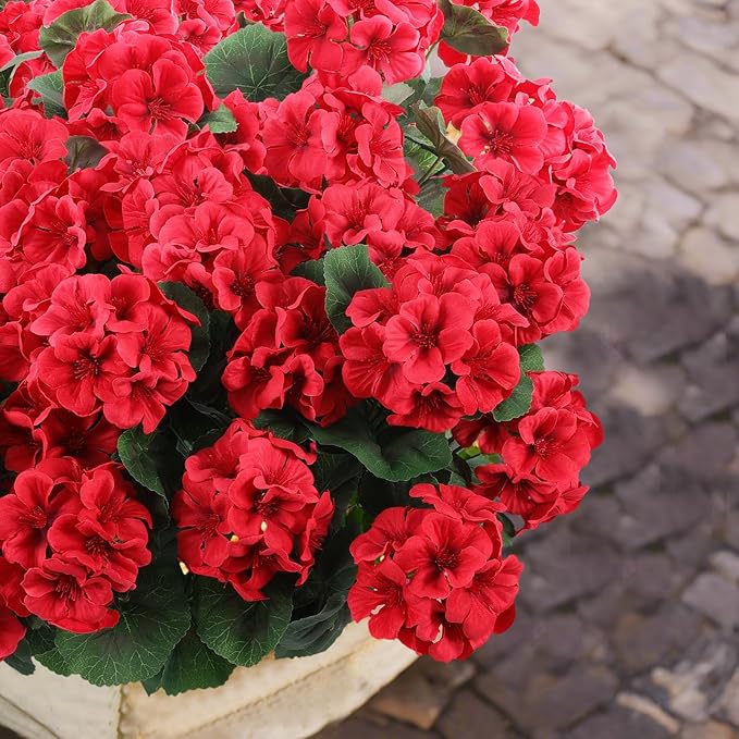 Artificial Geranium Flowers, Red Silk Bundles for Indoor and Outdoor Decor