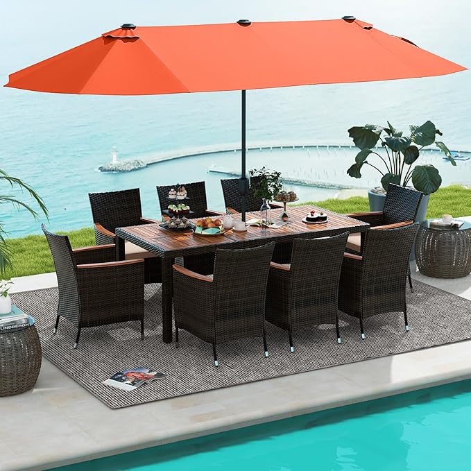 Tangkula 11 Piece Rattan Outdoor Dining Set with 15Ft Patio Umbrella for 8, Outdoor Wicker Table Set with 8 Cushioned Armchairs, Acacia Wood Top, Outdoor Umbrella with Base Included