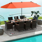 Tangkula 11 Piece Rattan Outdoor Dining Set with 15Ft Patio Umbrella for 8, Outdoor Wicker Table Set with 8 Cushioned Armchairs, Acacia Wood Top, Outdoor Umbrella with Base Included