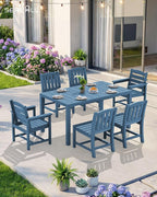 SERWALL 7-Piece Outdoor Dining Set, 60" - 83" Expandable Outdoor Dining Table and 6 HDPE Chairs, All Weather HDPE Outdoor Furniture Set for Backyard, Garden, Blue