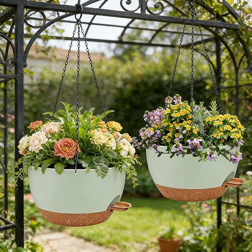2 Pack 12 Inch Self Watering Hanging Planters for Indoor Plants, Large Green Brown Plastic Hanging Pots with Chains for Outdoor Patio Garden Home Decor Green Brown
