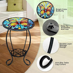 LIFFY Outdoor Side Table, 14" Round Mosaic Patio Table with Glass Butterfly Tabletop, 21" Height 2-Tier Indoor Small Decorative Plant Stand & End Table with Metal Frame for Home, Garden, Yard