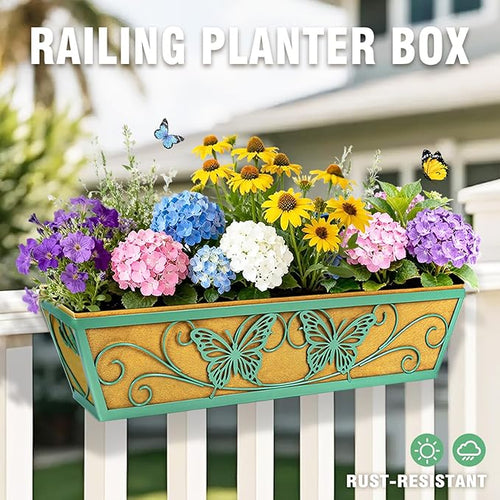 2 Pack 24 Inch Window Boxes Planter Railing Planters Box with Adjustable Brackets for Porch Deck Balcony Hanging Butterfly Decorative Flower Baskets & Non-Woven Fabric Liner for Outdoor Plants - Green