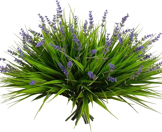 alyptus 12 Bundles Artificial Plants Outdoor Fake Monkey Grass with Flowers for Pot UV Resistant Plant Decor for Window Garden Patio Hanging Planter Pathway Front Porch (Grass with Flowers)