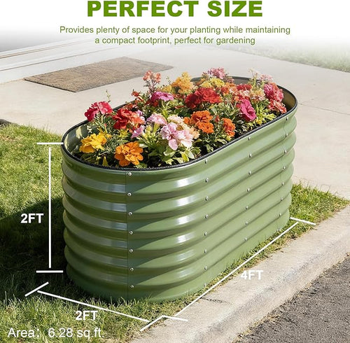 24" Tall Galvanized Raised Garden Bed Outdoor, 4x2x2ft Deep Metal Planter Box with Safety Edging & Support Bars, Large Oval Raised Beds for Gardening Plants Vegetables Herbs Flowers (Olive Green)
