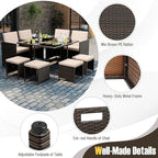 Tangkula 9 Piece Patio Dining Set, Rattan Chairs with Tempered Glass Table & Ottoman, Space Saving Wicker Sectional Conversation Set with Removable Cushions, Outdoor Furniture for Backyard Garden Deck