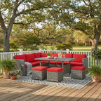 Tangkula 7 Pieces Patio Furniture Set, Outdoor Sectional Rattan Sofa Set with Cushions, All Weather Wicker Conversation Couch Set w/Dining Table & Ottomans for Backyard Garden Poolside