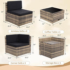 8-Piece Patio Furniture Set, Outdoor Wicker Rattan Sectional with Thick Cushions, Glass Top Table with Hidden Storage, Outdoor Conversation Set for Backyard, Porch, Patio, Black