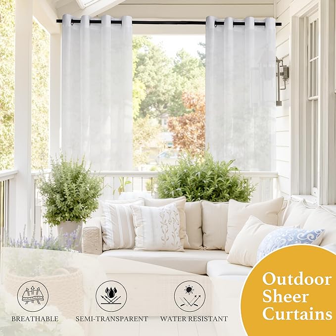 RYB HOME Sheer Outdoor Curtains - 2 Panels Waterproof Curtains White Sheer Privacy Linen Look Voile Drapes for Porch Pavilion Garden Lawn Corridor Sun Room Decor, 2 Tiebacks, W 54 x L 108 inch Long