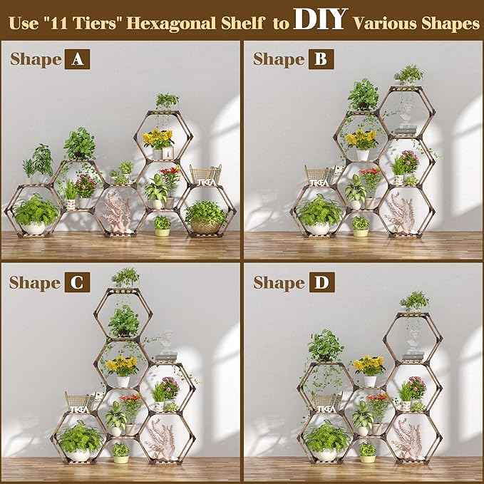 Tikea - Hexagonal Plant Stand Indoor Outdoor Large 11 Tiered Wooden Plant Shelf Indoor Creative Flower Decor for Living Room Balcony Patio