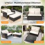 VINGLI Patio Daybed, Wicker Outdoor Daybed with Storage Ottoman & 5-Level Adjustable Backrest, All-Weather Rattan Cushioned Patio Loveseat Sofa for Garden Balcony Backyard (Beige, Brown)