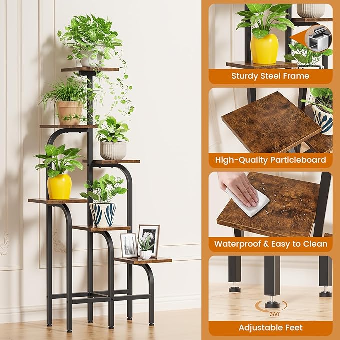 6 Tier Plant Stand Indoor, Plant Shelf for Multiple Plants, Flower Pot Holder Shelf, Planter Display Rack for Patio Garden Balcony Living Room Bedroom Decor, Rustic Brown