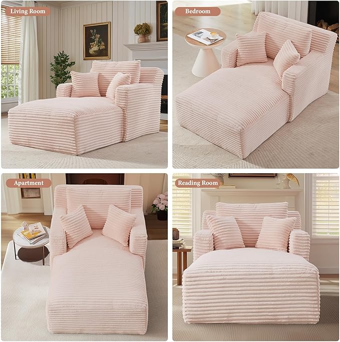 65.4" Chaise Lounge Chair Indoor, Oversized Boneless Couch Comfy Upholstered Sleeper Sofa Bed with 3 Pillows, Corduroy Cloud Reading Chair for Living Room No Assembly Required, Pink
