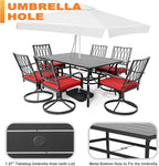 NUU GARDEN 7 Piece Outdoor Dining Set Rectangle Iron Patio Table with Umbrella Hole and 6 Swivel Chairs with Cushions Outdoor Furniture Set for Garden Backyard Black and Red