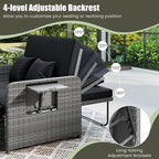 Tangkula Patio Rattan Daybed with 4-Level Adjustable Backrest, Outdoor PE Wicker Loveseat with Storage Ottoman & Folding Side Table, Double Sunbed for Balcony, Backyard & Poolside, Black & Grey