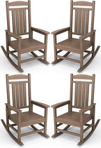 KINGYES HDPE Outdoor Rocking Chair Set of 4, All-Weather Poly Patio Rocking Chairs with 330lbs Support for Adults, Brown