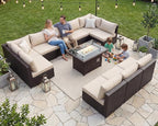 NICESOUL Modern Luxury Outdoor Patio Sectional Furniture Set with Fire Pit Table, Large Size PE Brown Wicker 29.3'' High Back Conversation Set with Natural Gas/Propane Fireplace, 11 Pieces 10 Seats