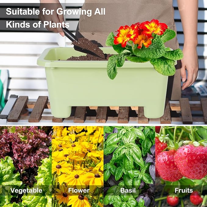 Self-Watering Rectangle Planter Boxes 8-Pack, 15.7-Inch Window Box Planter with Drainage Holes & Trays, Pots for Vegetables, Herbs, Flowers, Garden Windowsill Balcony (Light Green)