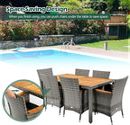 Tangkula 9 Piece Rattan Outdoor Dining Set with 13Ft Umbrella for 6, Outdoor Wicker Table Set with 6 Cushioned Armchairs, Acacia Wood Top, Outdoor Umbrella & with Base Included