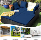 COSTWAY Outdoor Patio Rattan Daybed, Sponge Cushioned Loveseat Sofa with 4 Pillows, Wicker Furniture Sunbed for Balcony, Courtyard (Navy Blue)