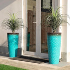 Glitzhome 31" H Oversized Tall Planter, Set of 2 Honeycomb Textured Gradient Turquoise Plastic Tall Outdoor Planters with Drainage Holes, Round Large Flower Pots for Indoor Outdoor Front Door Patio