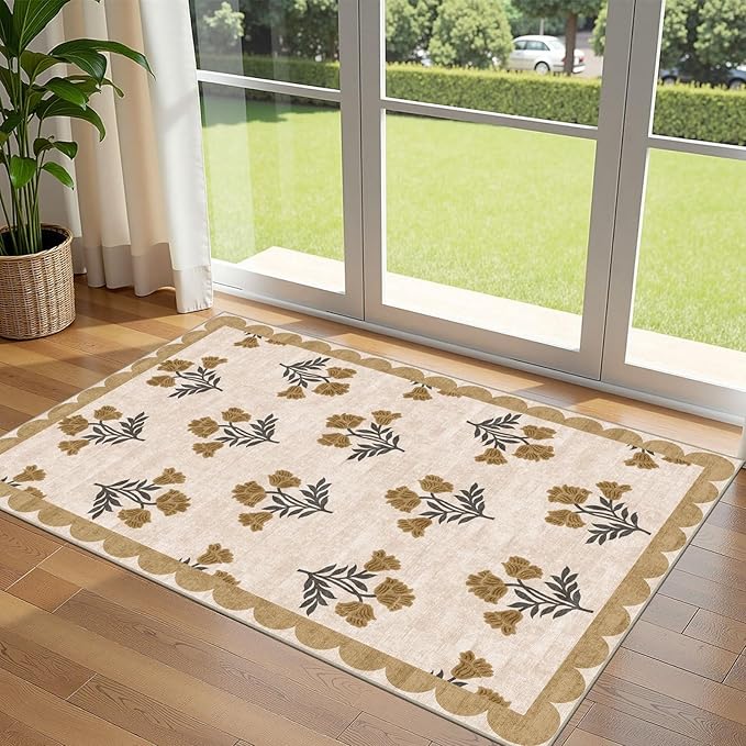 Outdoor Rug 3x5 Beige Floral Entry Mat, Washable Polyester