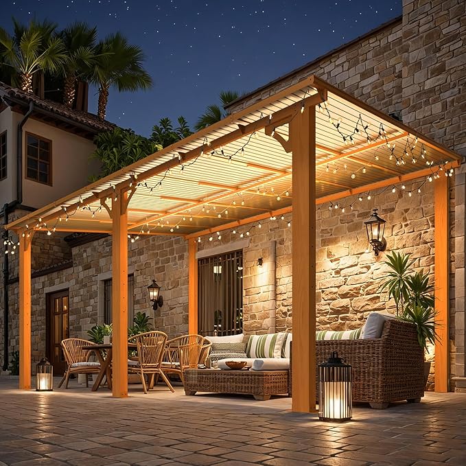 AECOJOY 14' x 10' Gazebo for Patio, Wood Grain Hard Top Lean to Gazebo Pergola with Roof (140 Sq.Ft Shaded), Large Wall-Mounted Heavy Duty Awnings for Patio, Decks, Backyard and More