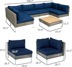 Outsunny 7 Piece Wicker Patio Furniture Set, Modular Outdoor Sectional with Thickened Cushions, Rattan Outdoor Furniture Conversation Set with Slatted Acacia Wood Table for Backyard, Brown/Dark Blue