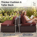 NICESOUL 9 Pcs Large Outdoor Patio Furniture Set with Firepit Natural Gas & Propane, 29.3 High Back Comfy Conversations Sofa Sets Modular, Wide Sectional for Heavy Weight, Brown Rattan and Red Cushion