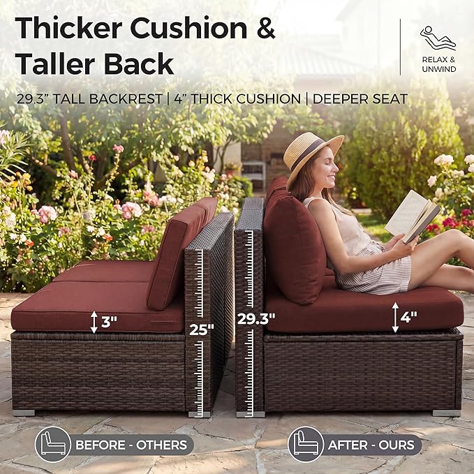 NICESOUL 9 Pcs Large Patio Furniture Set with Fire Pit Propane/Natural Gas, 29.3'' High Back Wicker Outdoor Sectional for 8 People, Modular Deep Sofa Conversation Sets, Brown Rattan and Red Cushion