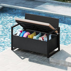 RELAX4LIFE Wicker Outdoor Bench with Storage - Rattan Deck Box w/Protective Liner for Pillows, Pool Supplies, Garden Tools, Patio Loveseat with Seat Cushion & Metal Armrests for Backyard Porch Balcony
