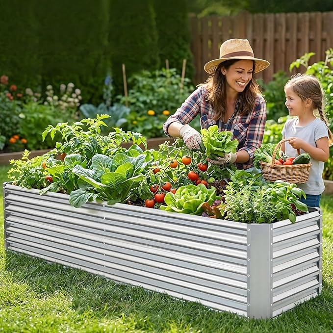 8x2x2ft Raised Garden Bed - Galvanized Deep Root Planter Boxes Outdoor with Wing Nuts and Safety Edges for Gardening Vegetables, Flowers, Herbs, Succulents - Silver