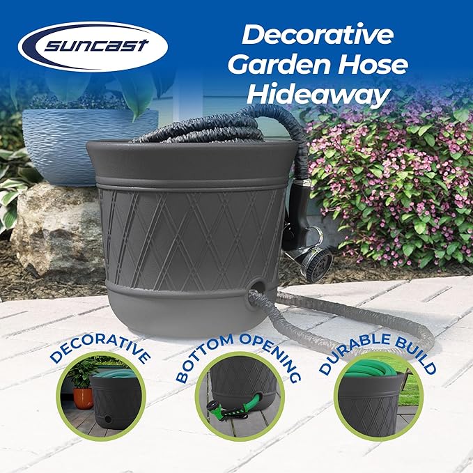 Suncast Lattice Hose Pot for Outdoor Garden Storage, Peppercorn - Holds 300 ft Expandable or 50 ft Standard 5/8" Vinyl Hoses, Resin Hideaway Organizer with Drainage and Water Supply Port