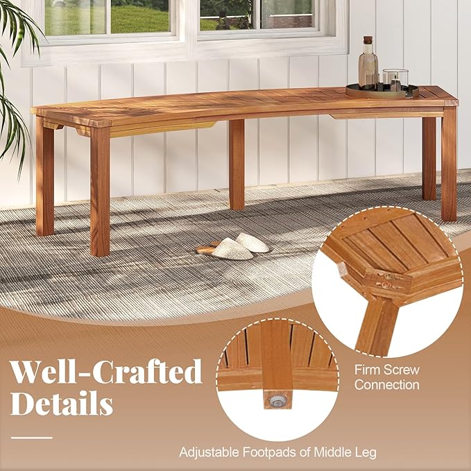 Tangkula Outdoor Curved Bench, Acacia Wood Fire Pit Bench w/Slatted Seat, Patio Backless 2-Person Seating for Porch, Yard, Garden, 800 LBS Max Load, Oil Painted (4, 58")