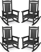 KINGYES HDPE Outdoor Rocking Chair Set of 4, Widened Seat Patio Rocking Chair, Oversized All Weather Patio Rocker, Black