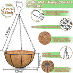 ZeeDix 12 Inch Hanging Baskets for Plants, 2 Pack Metal Round Hanging Planter with Coconut Liners Replacement, Hanging Flower Pots for Outdoor Indoor Plants Flowers Vegetables