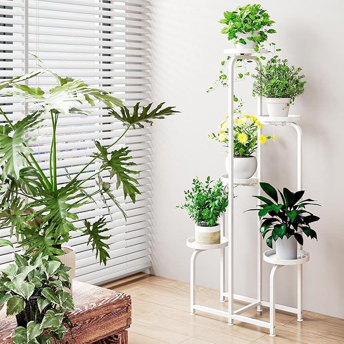 Plant Stand Indoor Outdoor 5 Tier Metal Plant Shelf for Multiple Plants Corner Flower Holders for Living Room Balcony Bedroom Patio Garden, Black (White, 5-Tier)