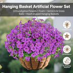 Artificial Hanging Flower for Outdoors, Fake Hanging Basket for Outside,1 Hanging Basket with 13 Pcs Faux Silk Flowers for Porch, Balcony and Patio Decor(Purple)