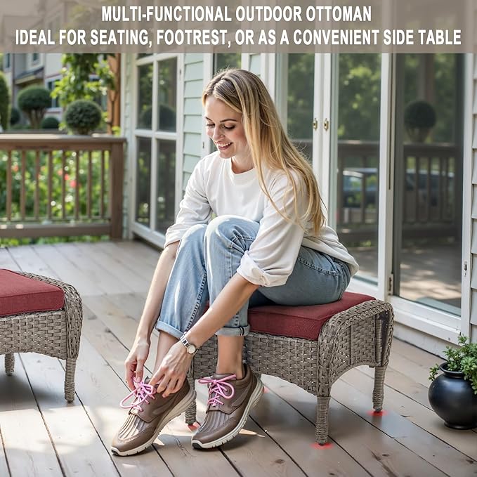 Belord Outdoor Ottomans for Patio Foot Rest - 25 Inch PE Wicker Foot Stool Set of 2 with Removable Cushions for Patio Furniture Sets,All Weather Rattan Ottoman for Balcony Deck Backyard Brown