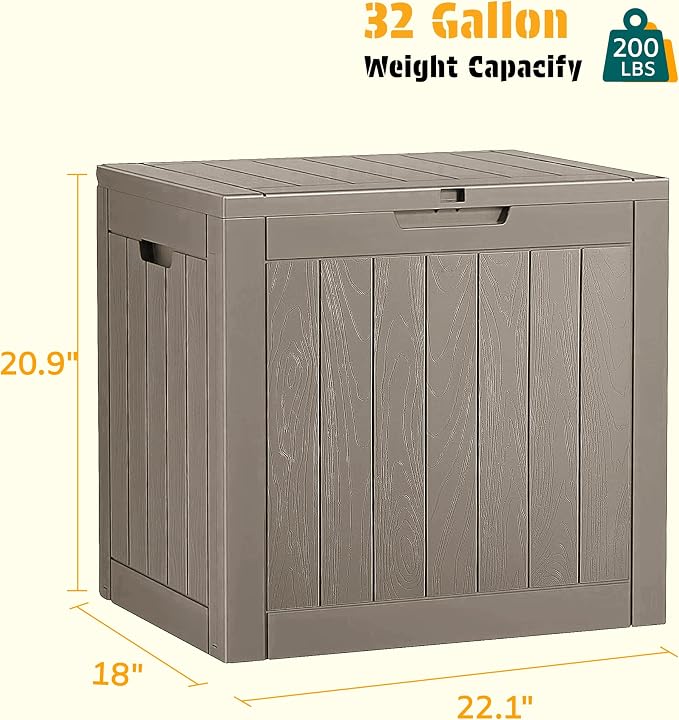 Deck Box 32 Gallon Resin Lockable Outdoor Storage Bin, Striped Grey
