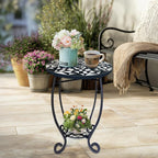 LIFFY Outdoor Side Table,12" Round Ceramic Tabletop Accent Table with Metal Frame, Indoor Small Decorative Plant Stand & End Table for Home, Patio, Garden
