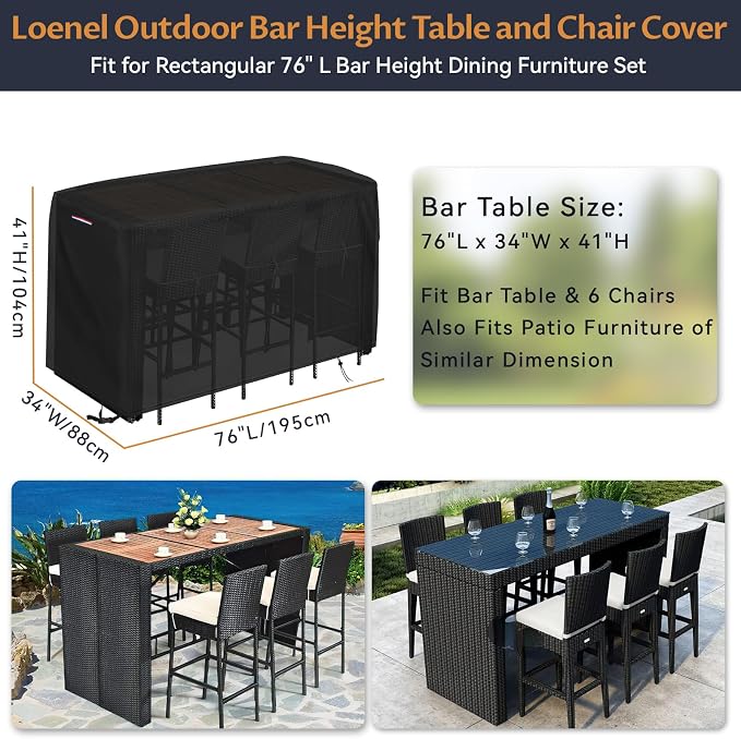 Furniture Set Cover, Waterproof Bar Height Patio Set, Black, 76 x 34 x 42 Inch