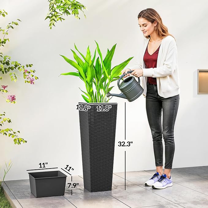Outsunny 32 Inch Tall Planters for Outdoor Plants, Set of 2 Plastic Rattan-Like Flower Pots with Drainage Holes, Stackable Tapered Planters for Indoor Plants, Front Porch, Black