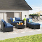 Jing's Villa 7-Piece Patio Furniture Set, All-Weather Outdoor Wicker Sectional Sofa with Cushions, Tempered Glass Table & Ottoman, Rattan Conversation Seating for Porch, Garden, Backyard,Navy